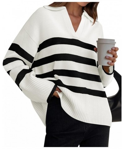 Women's 2024 Winter Striped Sweaters Lapel V Neck Long Sleeve Chunky Knit Oversized Pullover Sweater Jumper Tops White $16.80...