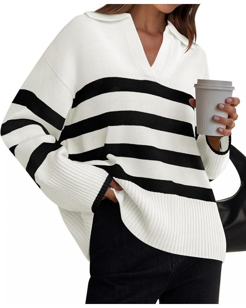 Women's 2024 Winter Striped Sweaters Lapel V Neck Long Sleeve Chunky Knit Oversized Pullover Sweater Jumper Tops White $16.80...