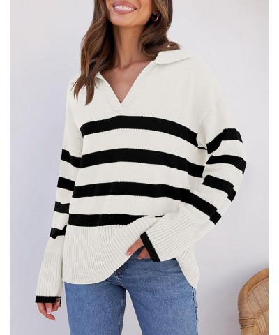 Women's 2024 Winter Striped Sweaters Lapel V Neck Long Sleeve Chunky Knit Oversized Pullover Sweater Jumper Tops White $16.80...