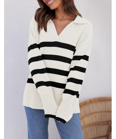 Women's 2024 Winter Striped Sweaters Lapel V Neck Long Sleeve Chunky Knit Oversized Pullover Sweater Jumper Tops White $16.80...