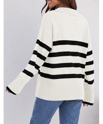 Women's 2024 Winter Striped Sweaters Lapel V Neck Long Sleeve Chunky Knit Oversized Pullover Sweater Jumper Tops White $16.80...