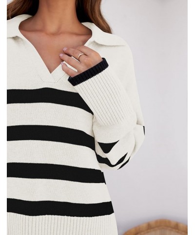 Women's 2024 Winter Striped Sweaters Lapel V Neck Long Sleeve Chunky Knit Oversized Pullover Sweater Jumper Tops White $16.80...