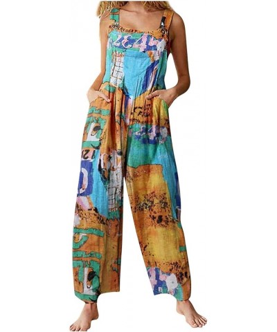 Women Buttons Suspender Jumpsuit Ethnic Style Rompers Vintage Printed Jumpers Patchwork Overalls C Blue $10.08 Overalls