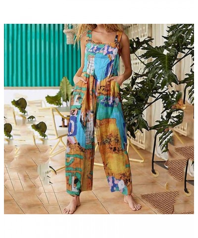 Women Buttons Suspender Jumpsuit Ethnic Style Rompers Vintage Printed Jumpers Patchwork Overalls C Blue $10.08 Overalls