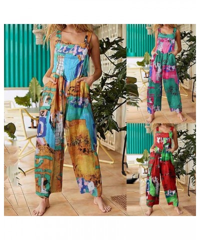 Women Buttons Suspender Jumpsuit Ethnic Style Rompers Vintage Printed Jumpers Patchwork Overalls C Blue $10.08 Overalls