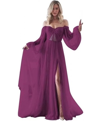 Women's Puffy Sleeves Prom Dresses Off The Shoulder Boho Wedding Dress A Line Long Tulle Ball Gowns with Slit Fuchsia $37.40 ...