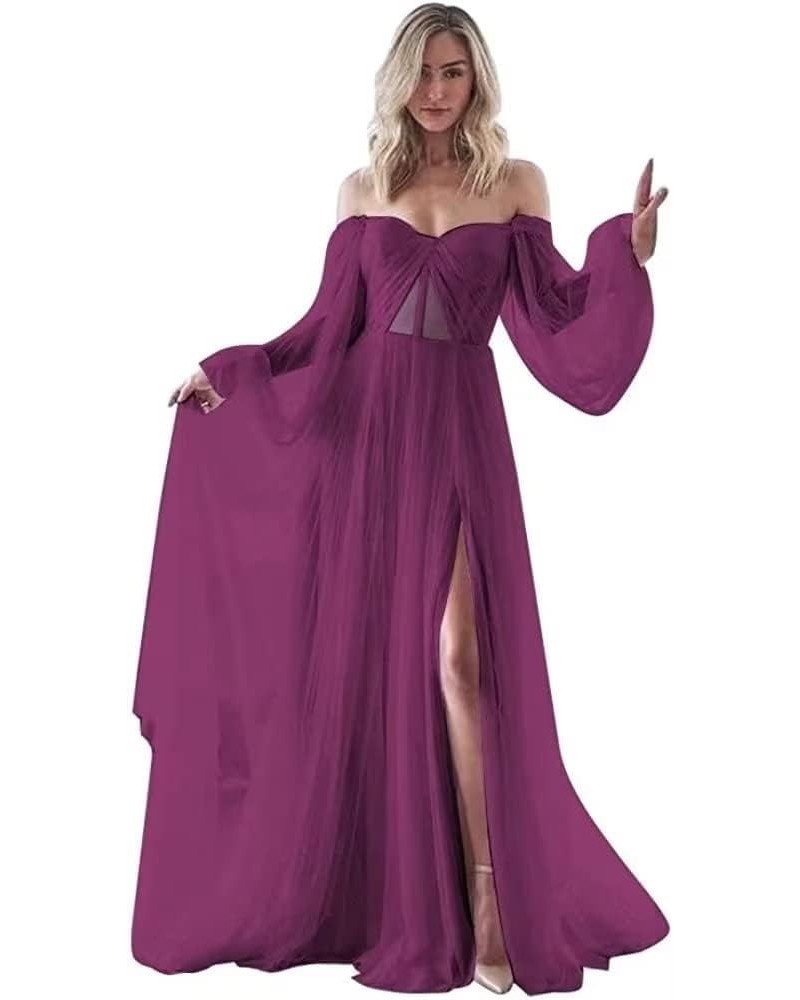 Women's Puffy Sleeves Prom Dresses Off The Shoulder Boho Wedding Dress A Line Long Tulle Ball Gowns with Slit Fuchsia $37.40 ...