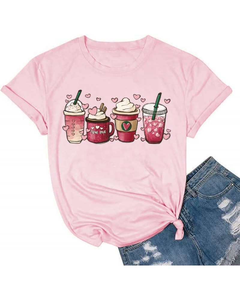 Women's Valentine's Day Shirts Funny Latte Coffee Lover Graphic Tees Short Sleeve Happy Valentines Day Shirt Tops Pink $8.84 ...