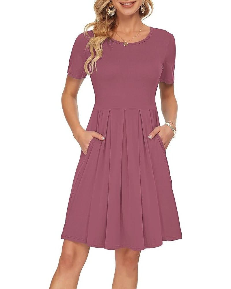 Womens Short Sleeve Mini Dresses Pleated Ruffle A Line with Button 01-mauve $21.59 Dresses