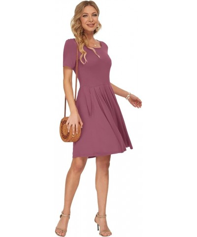 Womens Short Sleeve Mini Dresses Pleated Ruffle A Line with Button 01-mauve $21.59 Dresses