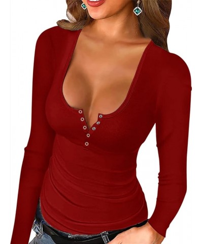 Womens Long Sleeve/Sleeveless Shirts Henley Sexy Fitted Shirts 06wine Red $10.19 Tops