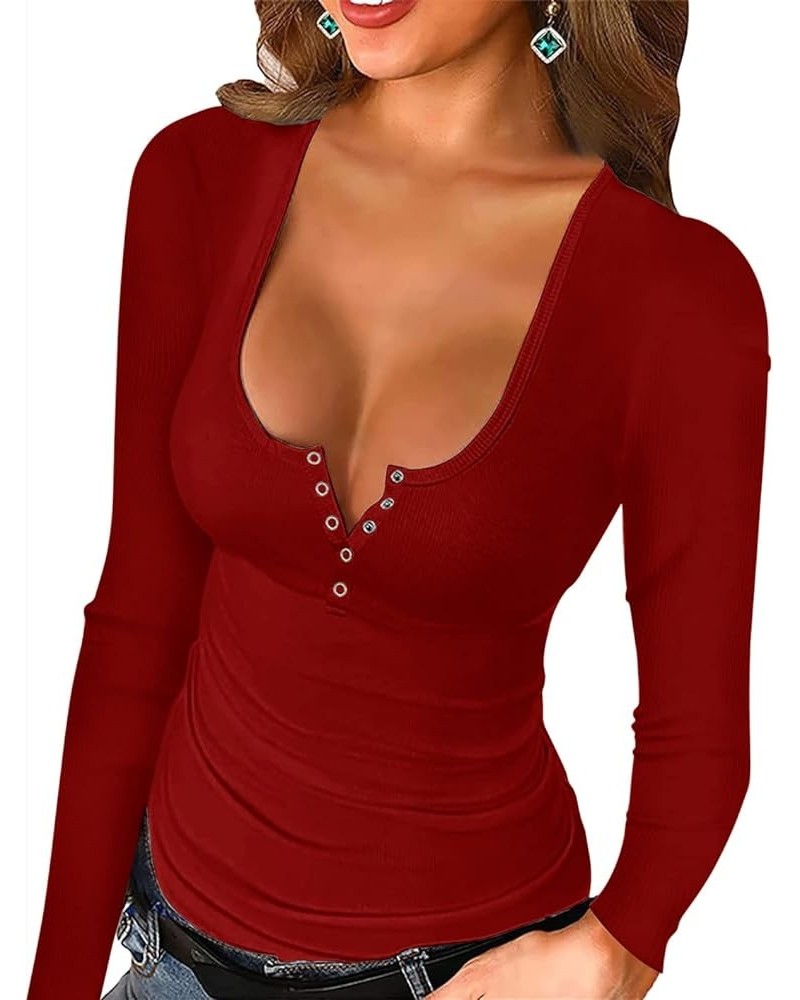 Womens Long Sleeve/Sleeveless Shirts Henley Sexy Fitted Shirts 06wine Red $10.19 Tops