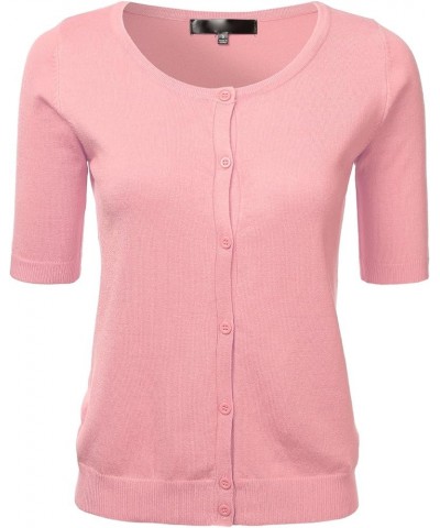 Womens Button Down Fitted Short Sleeve Fine Knit Top Cardigan Sweater (S-XL) Fsw012_pink $12.74 Sweaters