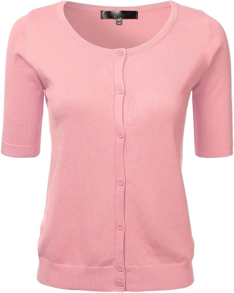 Womens Button Down Fitted Short Sleeve Fine Knit Top Cardigan Sweater (S-XL) Fsw012_pink $12.74 Sweaters