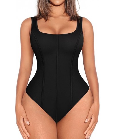 Long Sleeve Bodysuit for Women Tummy Control Thong Tops Square Neck Body Suit Short Sleeve Going Out Bodysuits B-black-square...