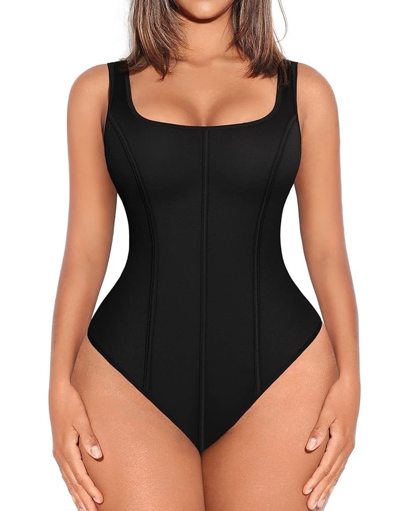 Long Sleeve Bodysuit for Women Tummy Control Thong Tops Square Neck Body Suit Short Sleeve Going Out Bodysuits B-black-square...