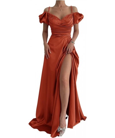 Gorgeous Spaghetti Straps Pleated Slit Prom Dresses with Beads Long 2024 Satin Formal Evening Gowns Burnt Orange $44.51 Dresses