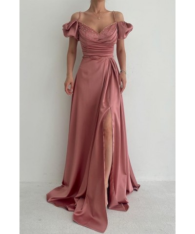 Gorgeous Spaghetti Straps Pleated Slit Prom Dresses with Beads Long 2024 Satin Formal Evening Gowns Burnt Orange $44.51 Dresses