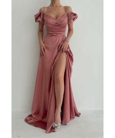 Gorgeous Spaghetti Straps Pleated Slit Prom Dresses with Beads Long 2024 Satin Formal Evening Gowns Burnt Orange $44.51 Dresses