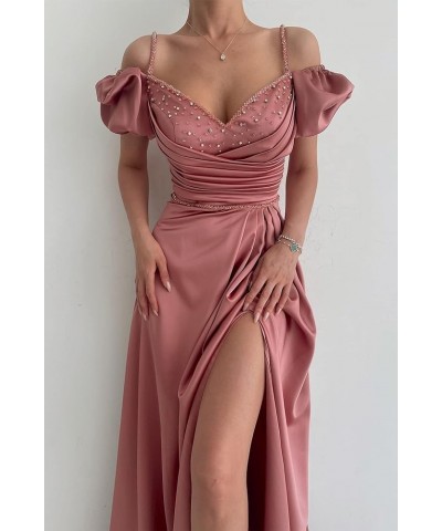 Gorgeous Spaghetti Straps Pleated Slit Prom Dresses with Beads Long 2024 Satin Formal Evening Gowns Burnt Orange $44.51 Dresses