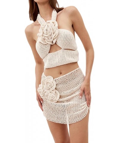 Women 2Pcs Crochet Knit Skirt Set Tube Crop Top + High Waist Bodycon Skirt Cover Up Beachwear 3d Floral-apricot $13.99 Swimsuits