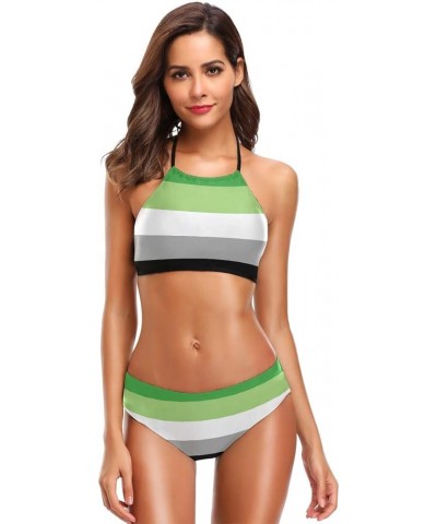 Women Stripe Printing Push Up 2 Piece Bikini Sets Swimsuits Transgender Pride Flag Aromantic Pride Flag $19.08 Swimsuits