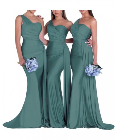 One Shoulder Mermaid Bridesmaid Dresses Long Ruched Bodycon Satin Formal Prom Gowns with Slit Dusty Blue $35.63 Dresses