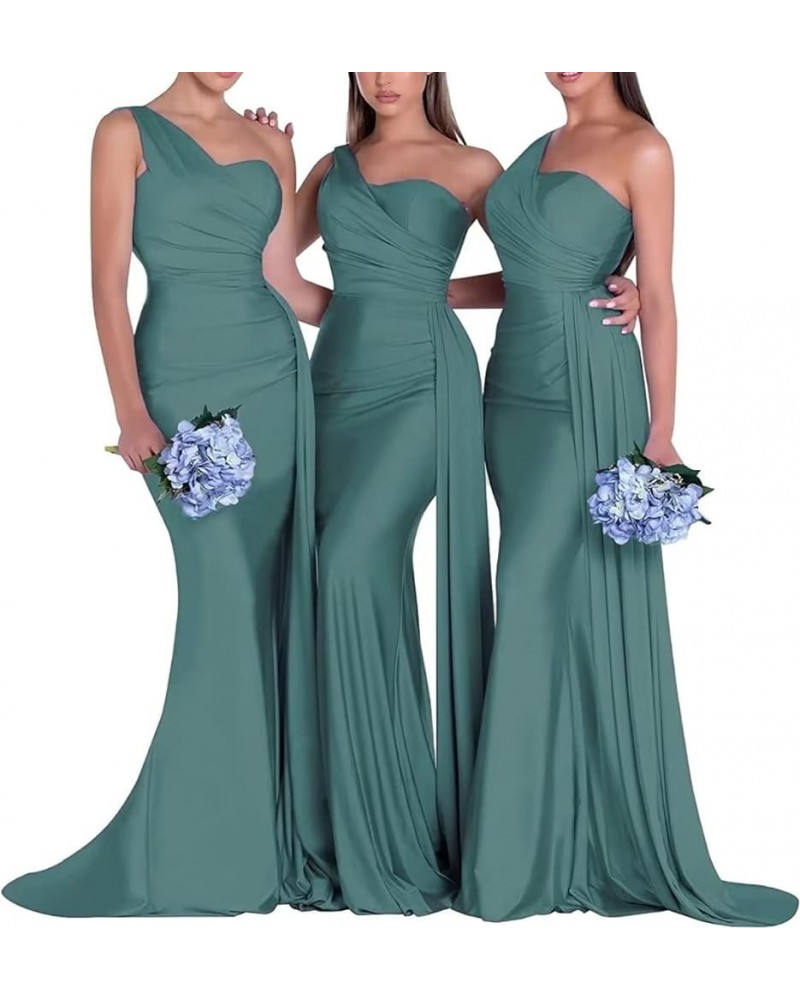 One Shoulder Mermaid Bridesmaid Dresses Long Ruched Bodycon Satin Formal Prom Gowns with Slit Dusty Blue $35.63 Dresses