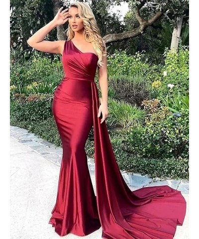 One Shoulder Mermaid Bridesmaid Dresses Long Ruched Bodycon Satin Formal Prom Gowns with Slit Dusty Blue $35.63 Dresses