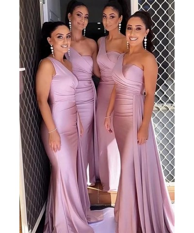 One Shoulder Mermaid Bridesmaid Dresses Long Ruched Bodycon Satin Formal Prom Gowns with Slit Dusty Blue $35.63 Dresses