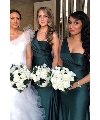 One Shoulder Mermaid Bridesmaid Dresses Long Ruched Bodycon Satin Formal Prom Gowns with Slit Dusty Blue $35.63 Dresses