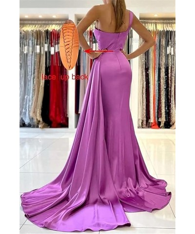 One Shoulder Mermaid Bridesmaid Dresses Long Ruched Bodycon Satin Formal Prom Gowns with Slit Dusty Blue $35.63 Dresses