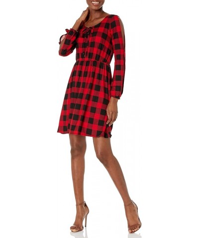 Women's Long Slit and Tacked Sleeve Elastic Waist Keyhole Tiefront Ity Knit Peasant Dress Plaidred $17.15 Dresses