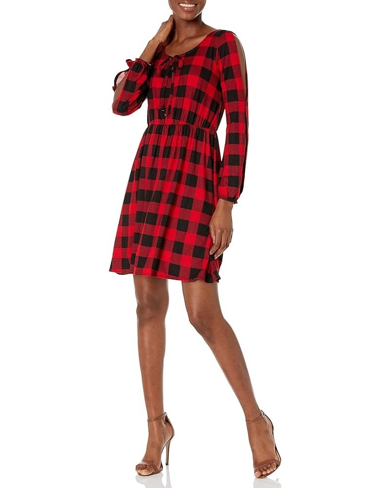 Women's Long Slit and Tacked Sleeve Elastic Waist Keyhole Tiefront Ity Knit Peasant Dress Plaidred $17.15 Dresses