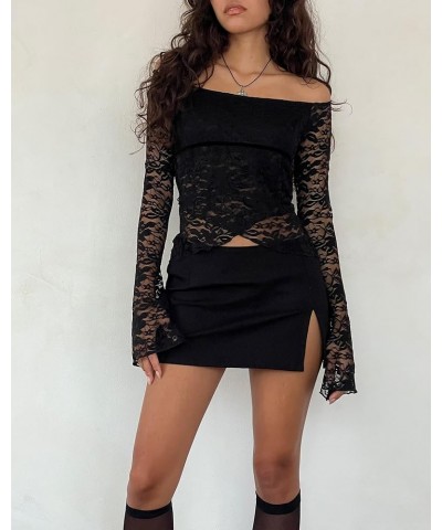 Women Sexy Two Piece Skirt Set Lace Ruffle Trim Long Sleeve Tops Bodycon Mini Skirt Y2K Going Out 2 Piece Outfits Off Shoulde...