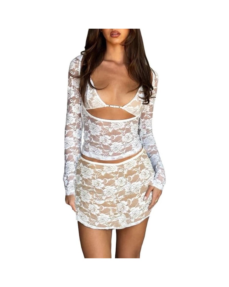 Women's Y2k Two Piece Lace Mini Skirt Set Sexy Mesh Halter Crop Top Ruffle Short Skirt Outfit Going Out Streetwear 00-ls- Whi...