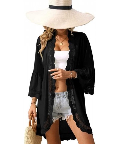 Summer Women's 3/4 Bell Sleeve Light Weight Kimono Cardigan Black $14.00 Sweaters