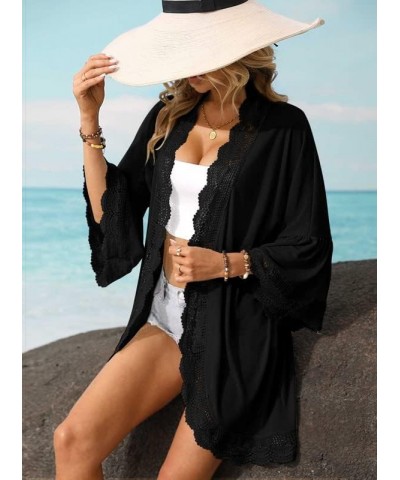 Summer Women's 3/4 Bell Sleeve Light Weight Kimono Cardigan Black $14.00 Sweaters