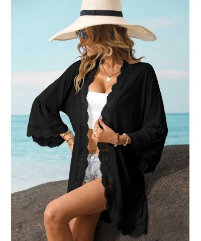 Summer Women's 3/4 Bell Sleeve Light Weight Kimono Cardigan Black $14.00 Sweaters