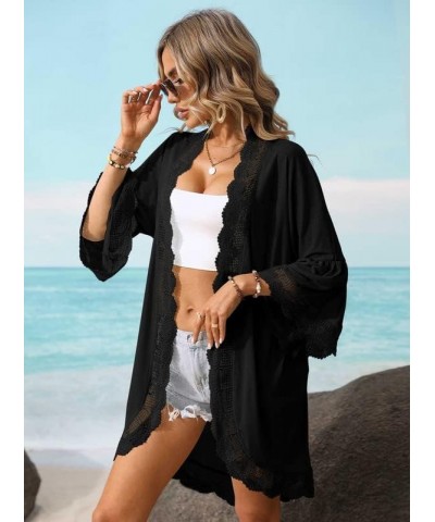 Summer Women's 3/4 Bell Sleeve Light Weight Kimono Cardigan Black $14.00 Sweaters