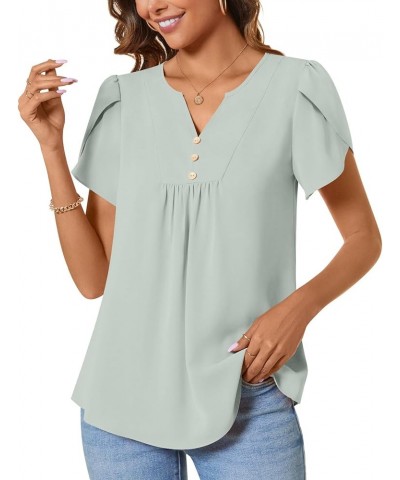 Womens Fashion Short Sleeve Tops Dressy Petal Sleeve Button T-Shirts Casual Chiffon Tunic Blouse Grayish Green $12.99 Blouses