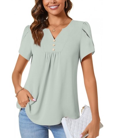 Womens Fashion Short Sleeve Tops Dressy Petal Sleeve Button T-Shirts Casual Chiffon Tunic Blouse Grayish Green $12.99 Blouses