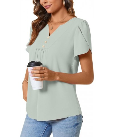 Womens Fashion Short Sleeve Tops Dressy Petal Sleeve Button T-Shirts Casual Chiffon Tunic Blouse Grayish Green $12.99 Blouses