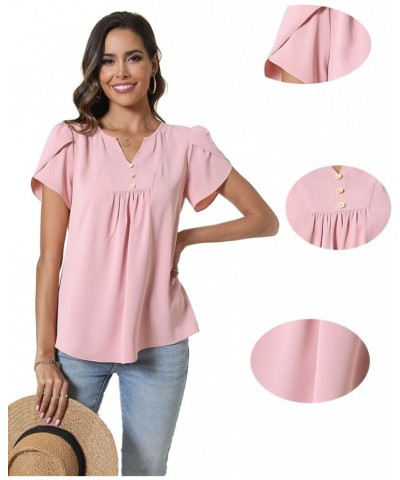 Womens Fashion Short Sleeve Tops Dressy Petal Sleeve Button T-Shirts Casual Chiffon Tunic Blouse Grayish Green $12.99 Blouses