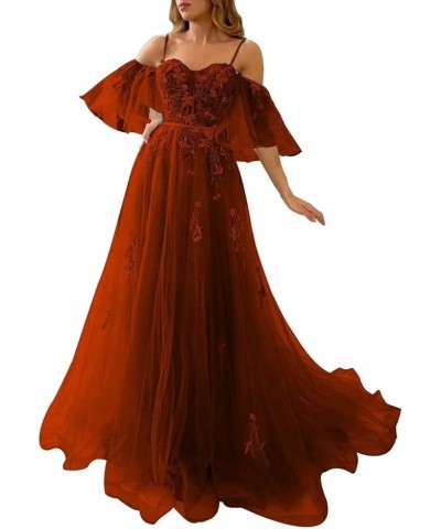 Tulle Prom Dresses for Women Long Ball Gown Off Shoulder Lace Applique Formal Evening Party Gowns 2024 Burnt Orange $38.70 Dr...