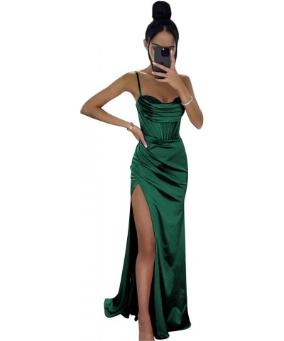 Women's Spaghetti Strap Satin Prom Dress Mermaid Long Homecoming Dresses for Teens with Slit Emerald Green $39.74 Dresses