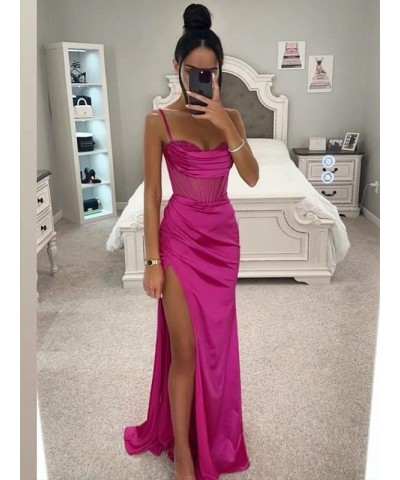 Women's Spaghetti Strap Satin Prom Dress Mermaid Long Homecoming Dresses for Teens with Slit Emerald Green $39.74 Dresses