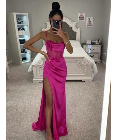 Women's Spaghetti Strap Satin Prom Dress Mermaid Long Homecoming Dresses for Teens with Slit Emerald Green $39.74 Dresses