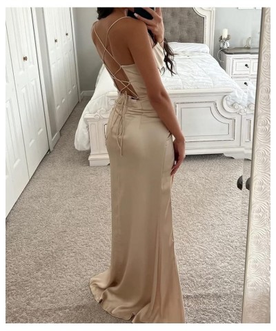 Women's Spaghetti Strap Satin Prom Dress Mermaid Long Homecoming Dresses for Teens with Slit Emerald Green $39.74 Dresses