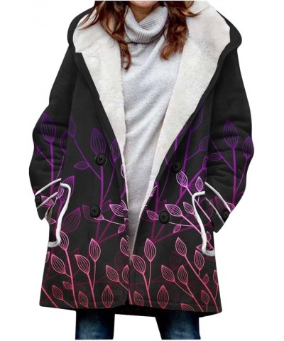 Winter Coats for Women Sherpa Fleece Lined Warm Jacket Plus Size Double Button Thicken Overcoat Print Hooded Outwear 5-purple...